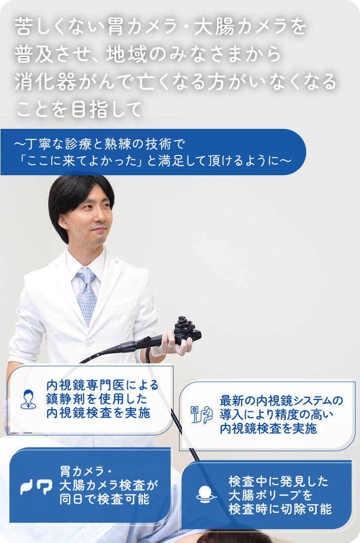苦しくない胃カメラ・大腸カメラを普及させ、地域のみなさまから消化器がんで亡くなる方がいなくなることを目指して ～丁寧な診療と熟練の技術で「ここに来てよかった」と満足して頂けるように～ 内視鏡専門医による鎮静剤を使用した内視鏡検査を実施/最新の内視システムの導入により精度の高い内視鏡検査を実施/胃カメラ・大腸カメラ検査が同日で検査可能/検査中に発見した大腸ポリープを検査時に切除可能
